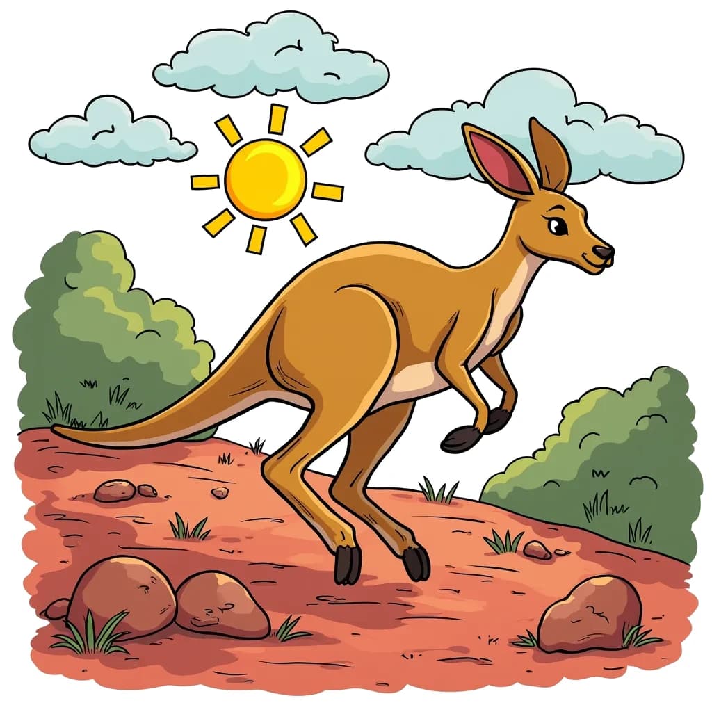 Coloring Page (colored): Kangaroo in the Outback - A kangaroo leaps gracefully across the sun-drenched Australian Outback, with a backdrop of red sand and green shrubs. A few small rocks scatter around, making the scenery interesting and fun to color.