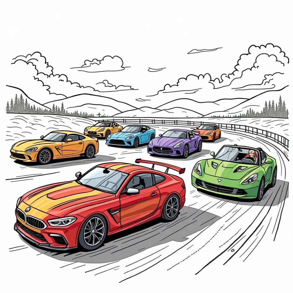 Coloring Page (colored): Fantasy Racing Championship - A race scene featuring various fantasy cars with dragon wings and unicorn horns, zooming past a cheering crowd.