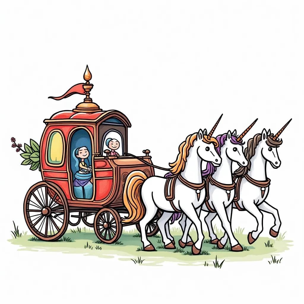 Coloring Page (colored): Fairytale Carriage - A fairy-tale style carriage pulled by unicorns, traveling through a mystical forest filled with glowing mushrooms.