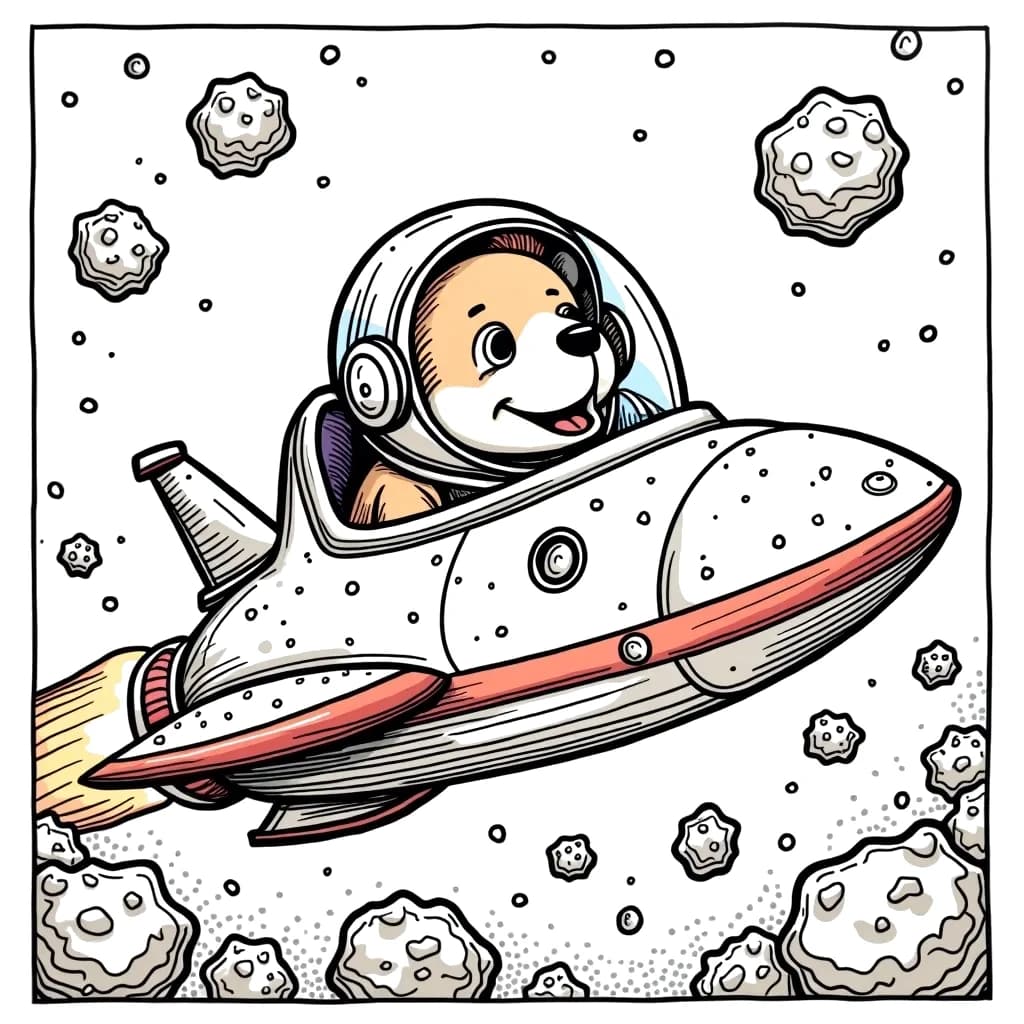 Coloring Page (colored): Spaceship Adventure - A sleek spaceship zooms through a field of asteroids. The pilot inside the spaceship is an adventurous dog wearing a space helmet, looking excited.