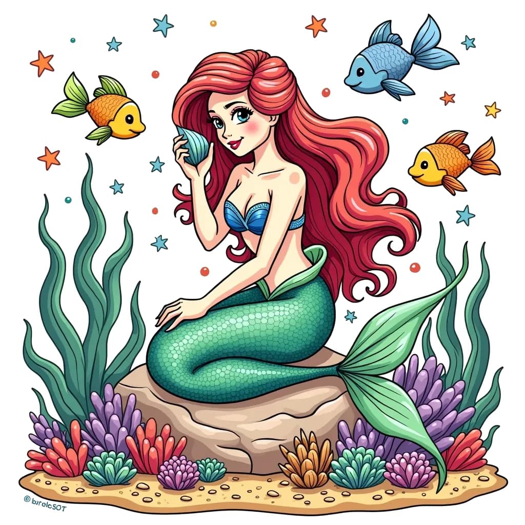 Coloring Page (colored): Mermaid's Treasure - A beautiful mermaid sitting on a rock, brushing her long flowing hair with a shiny shell, while colorful fish swim around her. The ocean floor below sparkles with hidden treasures.