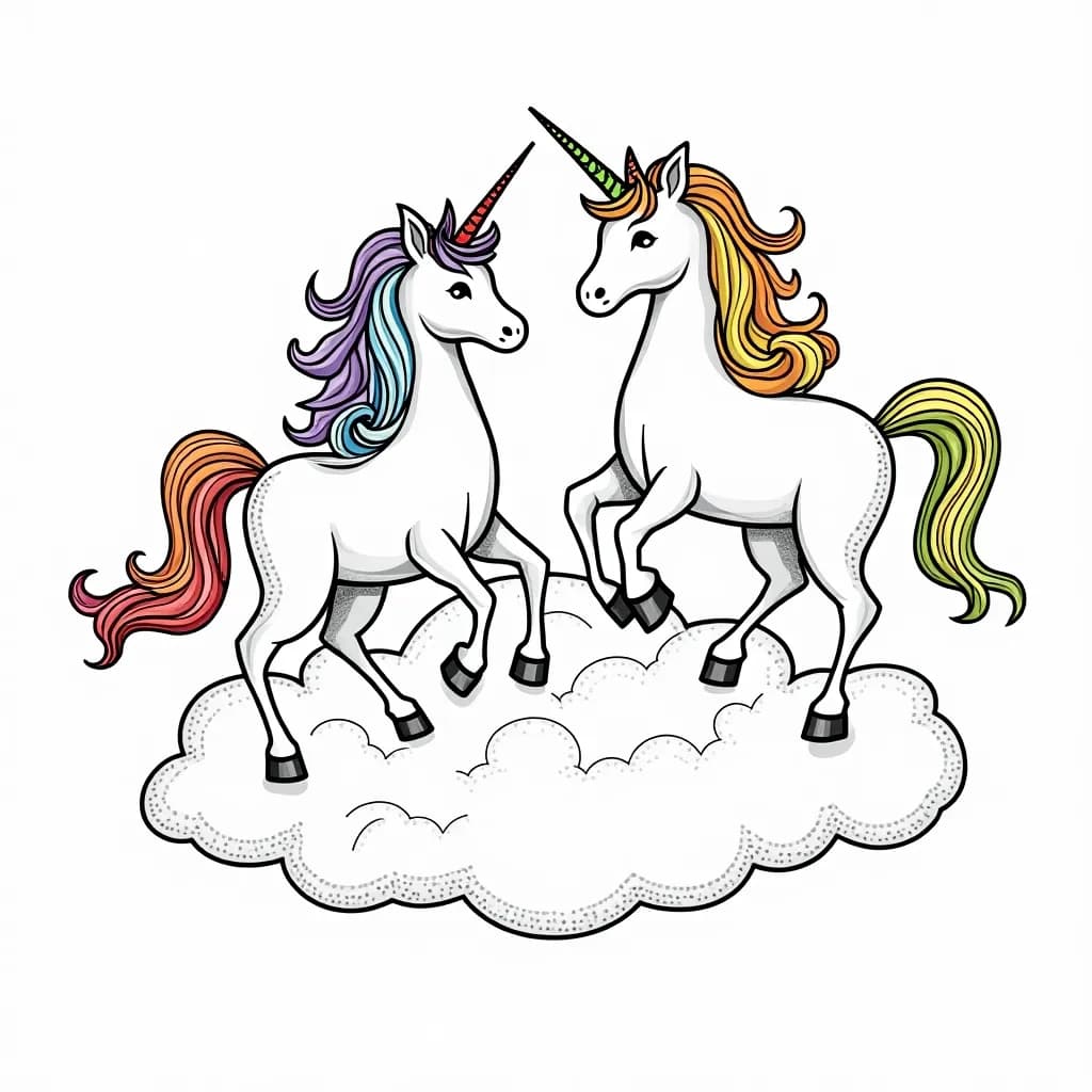 Coloring Page (colored): Unicorns Dancing in the Clouds - A group of unicorns playfully dancing and frolicking among fluffy clouds, with bursts of sunlight breaking through.