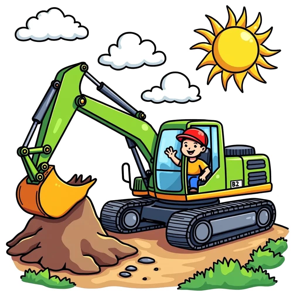 Coloring Page (colored): Excavator Adventure - Color a sturdy green excavator digging deep into the ground, with a big pile of dirt next to it. The sun is shining bright above, and a happy little construction worker is waving from the cab of the excavator.