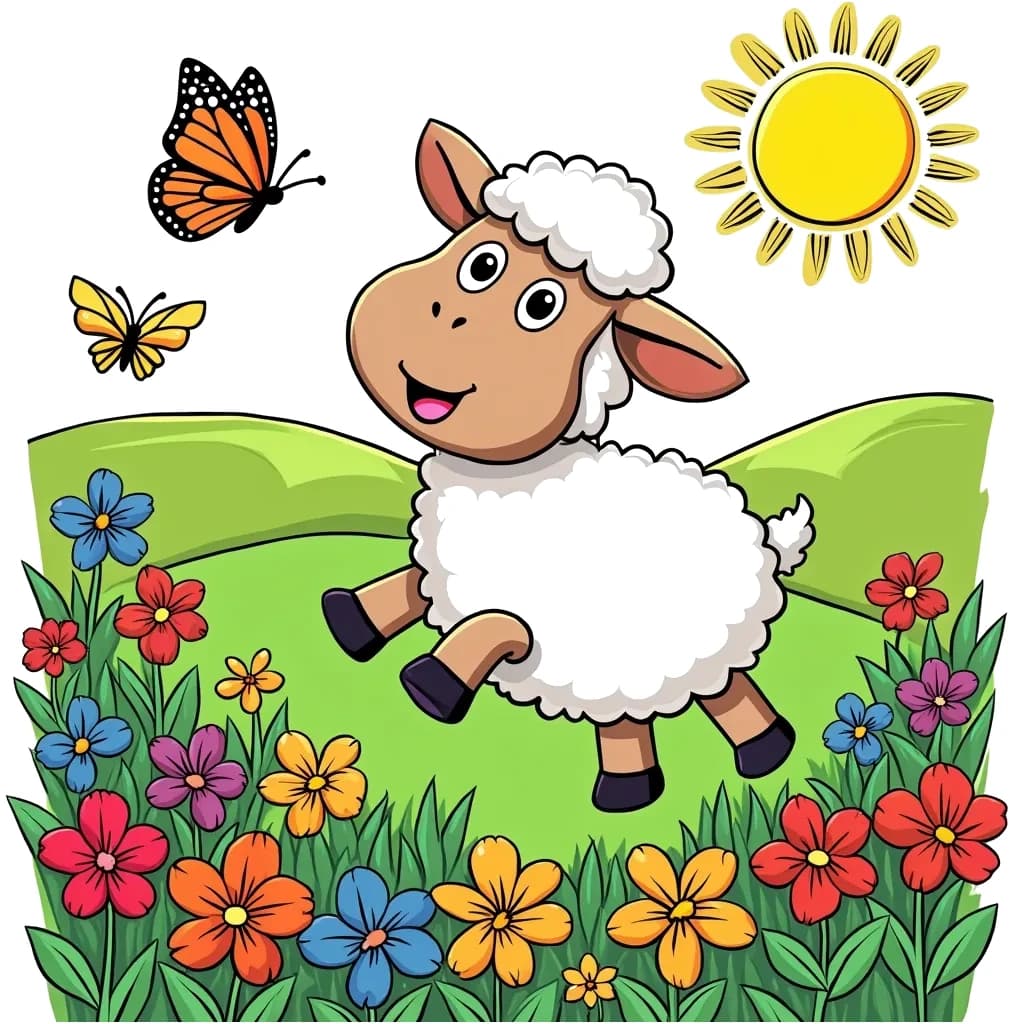 Coloring Page (colored): Sheep in the Meadow - A fluffy sheep jumps joyfully in a vibrant meadow filled with colorful flowers, butterflies fluttering around. In the background, there's a bright sun shining down on rolling hills.