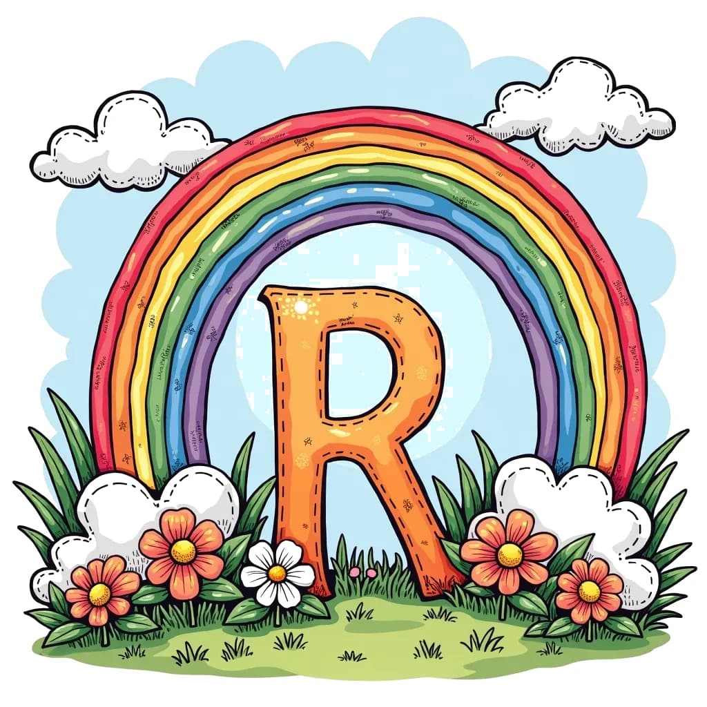 Coloring Page (colored): Letter R with a Rainbow - The letter R is illustrated under a vibrant rainbow arching across a blue sky, with fluffy clouds surrounding it.