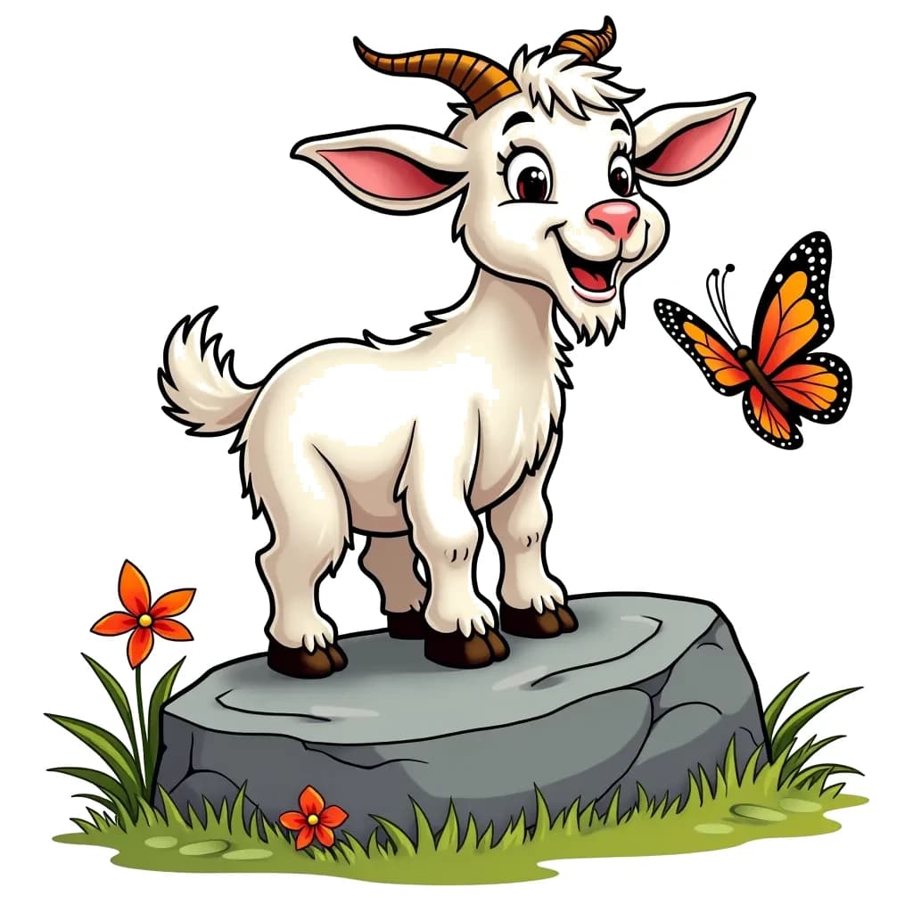 Coloring Page (colored): Goat on a Rock - A playful goat is perched on a large rock, looking proud and happy, while a butterfly flutters nearby.