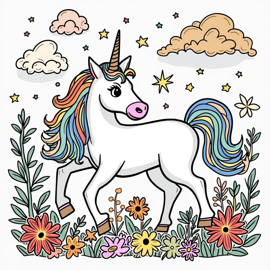 Coloring Page (colored): Unicorn at a Magical Carnival - A unicorn enjoying a whimsical carnival with rides, balloons, and fairy lights in the background.