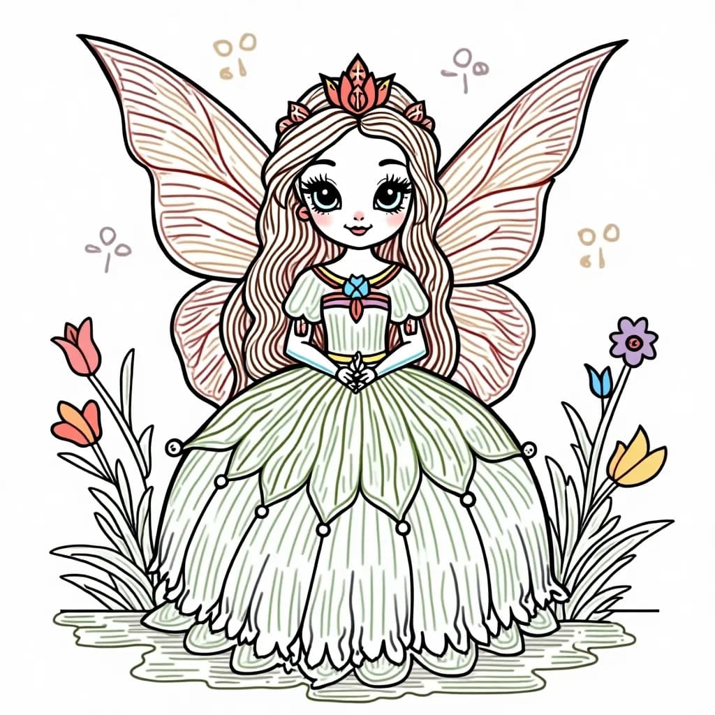 Coloring Page (colored): Caring Fairy Princess - A nurturing fairy princess with glittering wings, surrounded by tiny fairies and magical creatures in a flower-filled meadow.