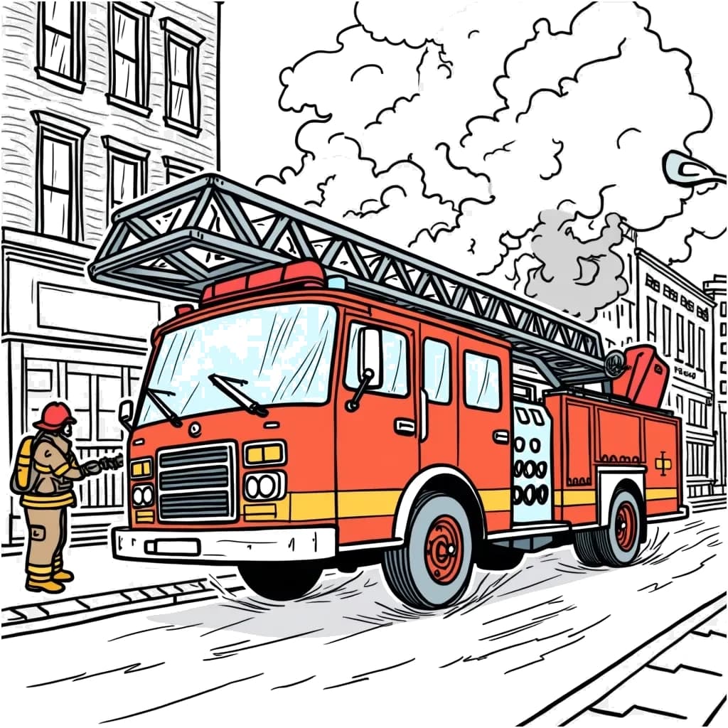 Coloring Page (colored): Fire Engine Adventure - A fire engine is racing down a city street, with smoke rising from a nearby building and firefighters gearing up to respond.