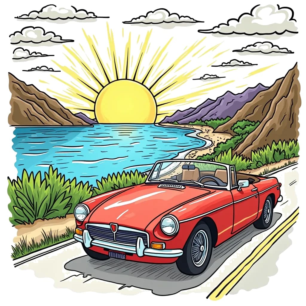 Coloring Page (colored): Convertible on a Road Trip - A convertible is cruising along a scenic highway with mountains on one side and the ocean on the other, with a giant sun shining above.