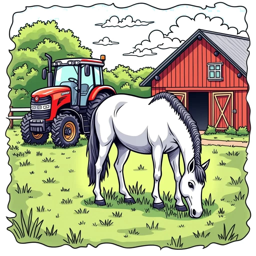 Coloring Page (colored): Horse at the Farm - A horse grazing peacefully in a green pasture next to a traditional barn, while a big red tractor is parked nearby.