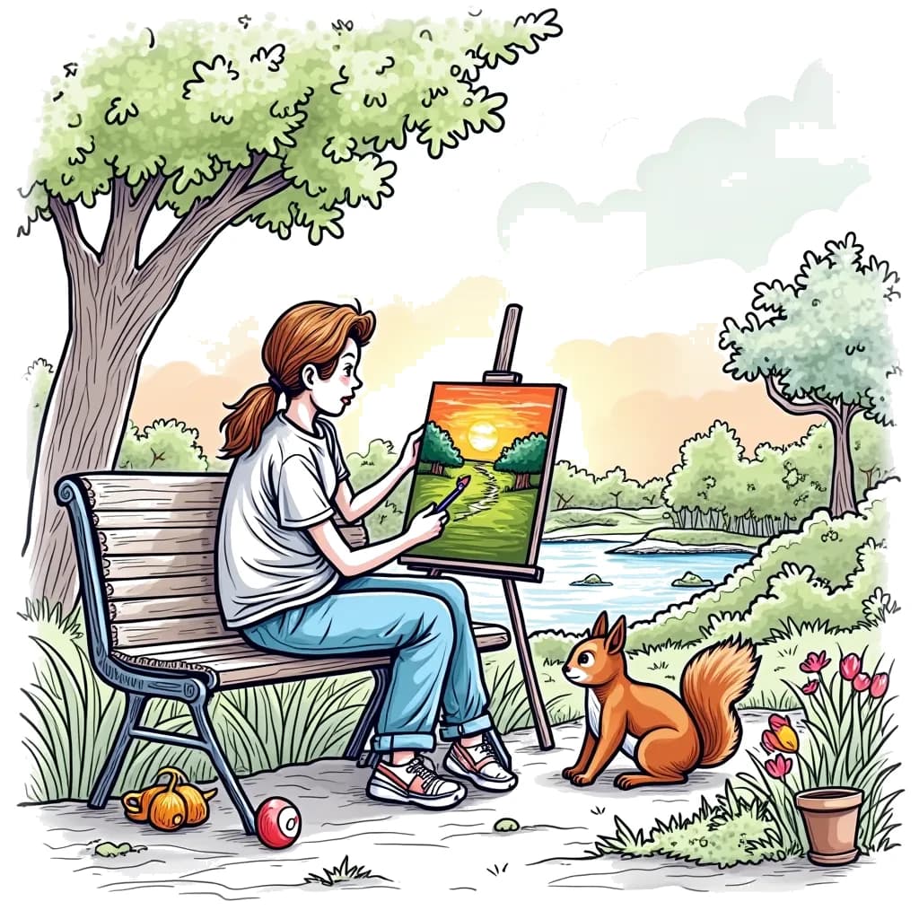 Coloring Page (colored): Artist Painting in the Park - An artist is sitting on a bench in a park, painting a vibrant landscape on their canvas. Nearby, children are playing and a squirrel is curiously peeking at the artist's brush.