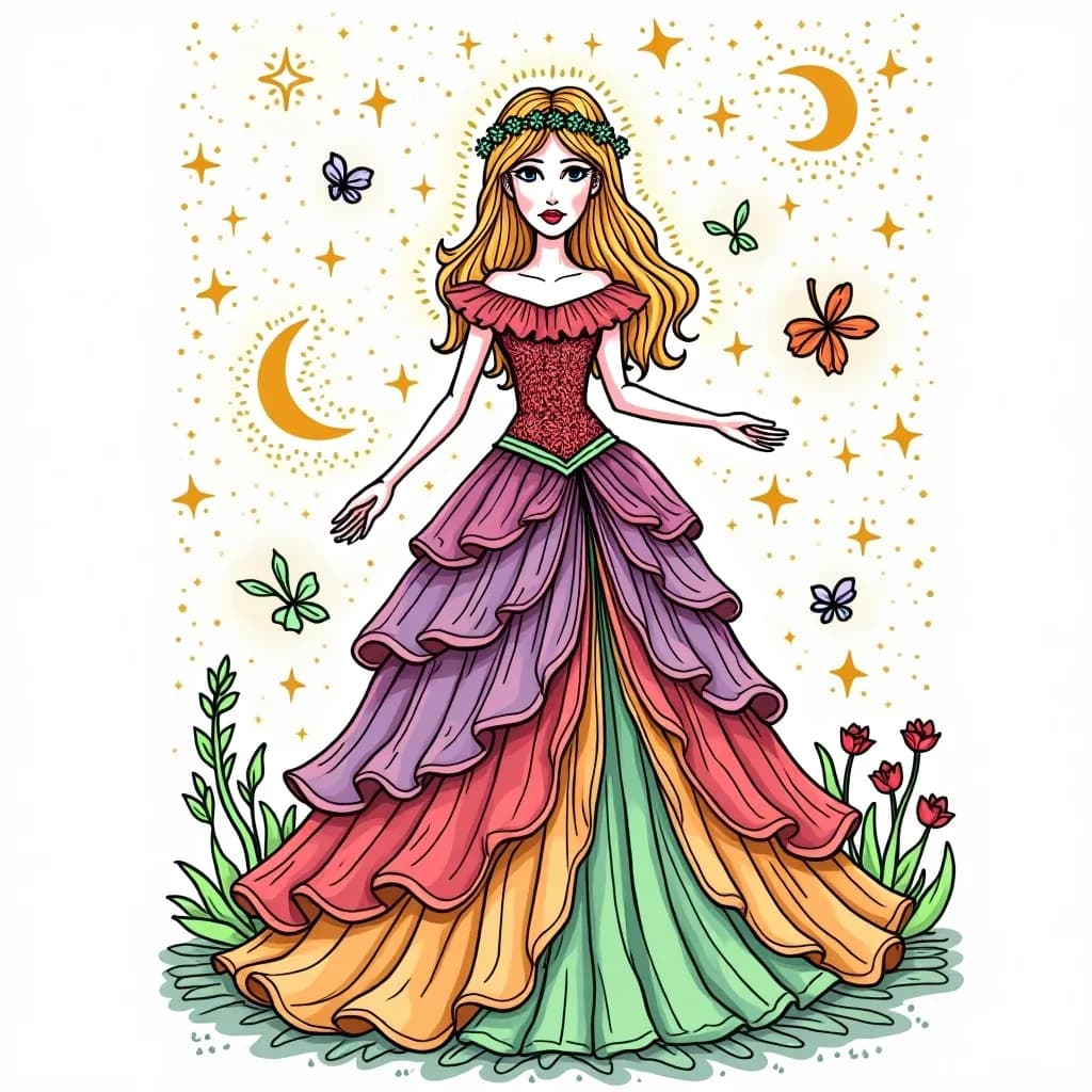 Coloring Page (colored): Celestial Princess - A cosmic princess with a gown that looks like the night sky, standing on a star with planets and comets swirling around her.