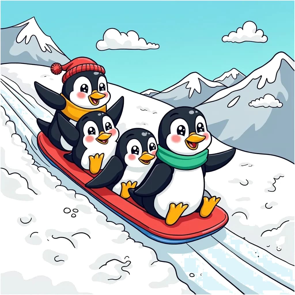 Coloring Page (colored): Penguin Parade - A group of playful penguins sliding down a snowy hill, with one wearing a colorful scarf. The background shows snow-covered mountains and a bright blue sky.