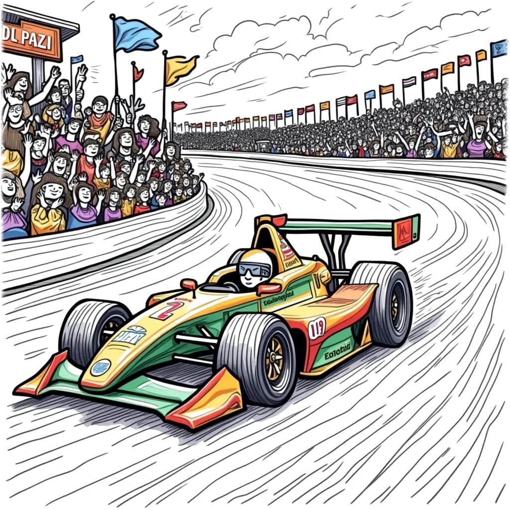 Coloring Page (colored): Race Car in a Race - A race car speeds down a track during a big race, with cheering fans and colorful flags waving in the stands.