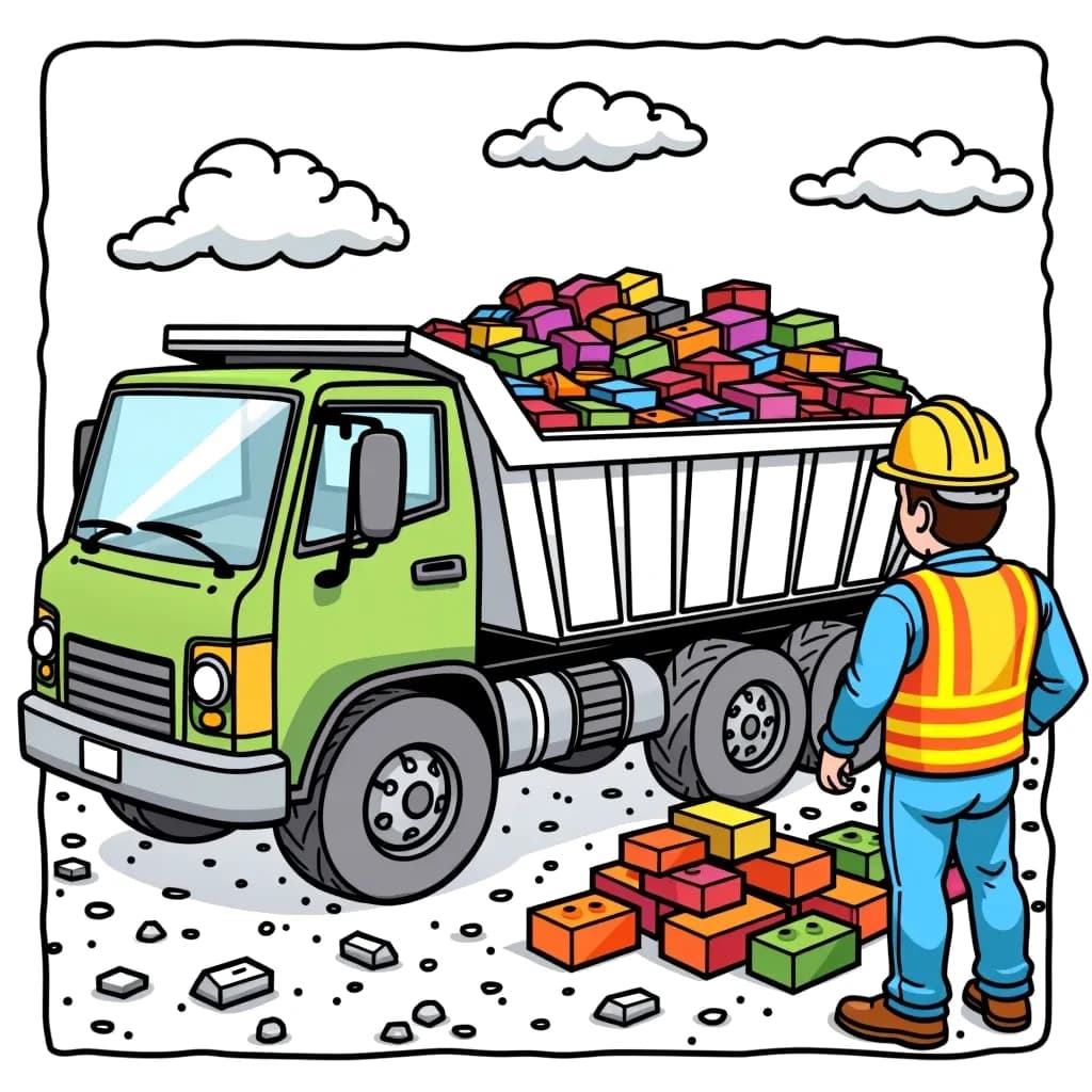 Coloring Page (colored): Dump Truck Delivery - A dump truck is unloading a pile of colorful bricks at a construction site, with a hard hat wearing worker nearby supervising.