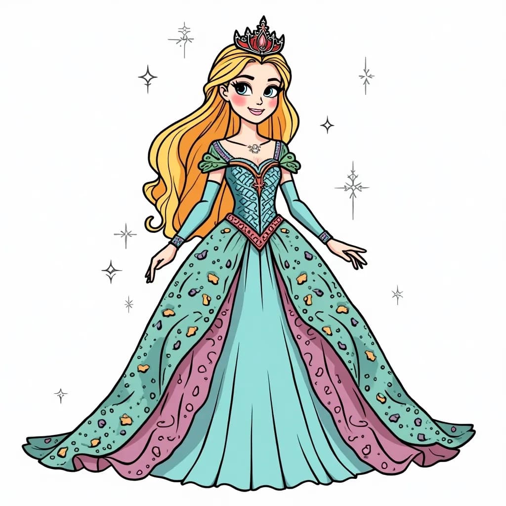 Coloring Page (colored): Ice Kingdom Princess - A sparkling ice princess with a gown made of ice crystals, surrounded by snowflakes and chill creatures in a frosty landscape.