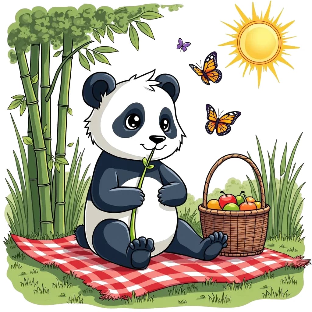 Coloring Page (colored): Panda Picnic - A panda sits on a picnic blanket in a sunny field, enjoying bamboo shoots while a few butterflies flutter around. A basket with fruits is nearby.