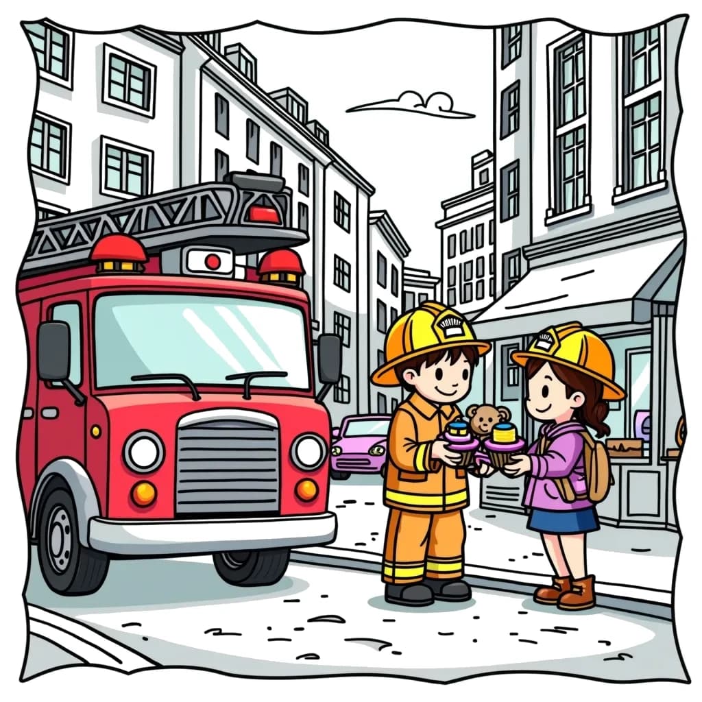 Coloring Page (colored): Fire Engine Rescue - A bustling city street with a fire engine parked outside a bakery, while a firefighter is handing out cupcakes to a little girl who is holding a teddy bear.