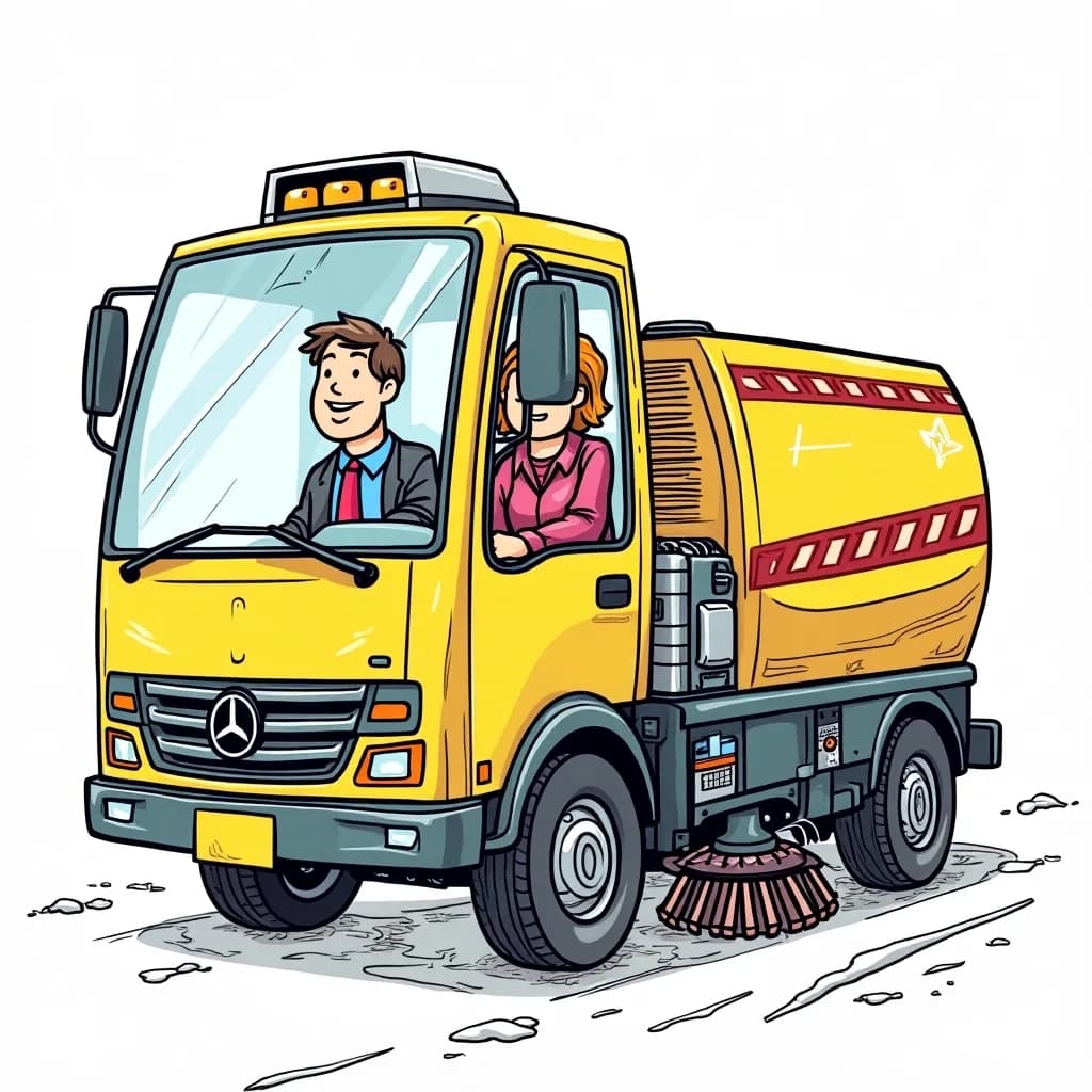 Coloring Page (colored): The Singing Street Sweeper - A whimsical street sweeper car painted in bright yellow, with musical notes floating around it as it joyfully cleans the sidewalk. Sunflowers bloom along the path.