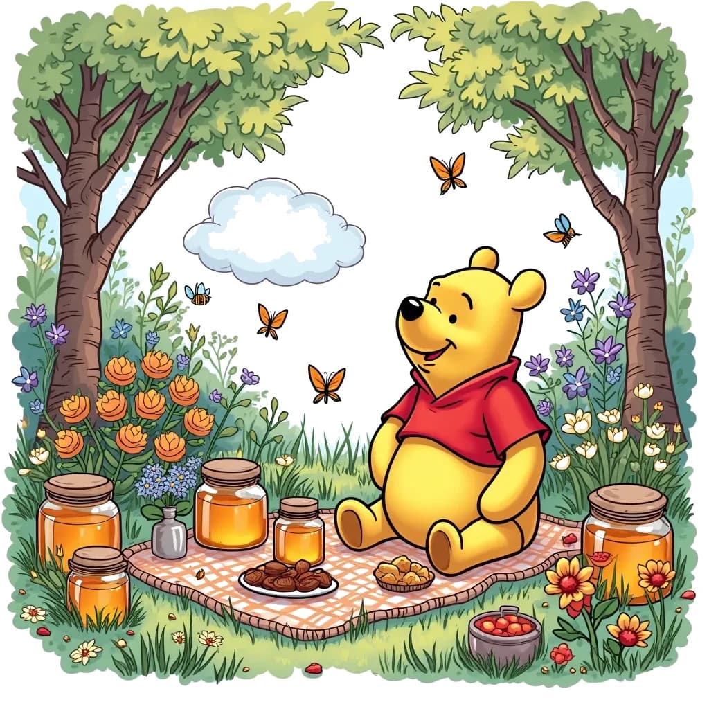 Coloring Page (colored): Winnie the Pooh's Honey Party - Winnie the Pooh sitting in a lush garden surrounded by jars of honey and buzzing bees. He has a big smile on his face, and there's a picnic blanket with delicious snacks. Trees bloom with flowers, and butterflies flutter about, adding a magical touch to the scene.