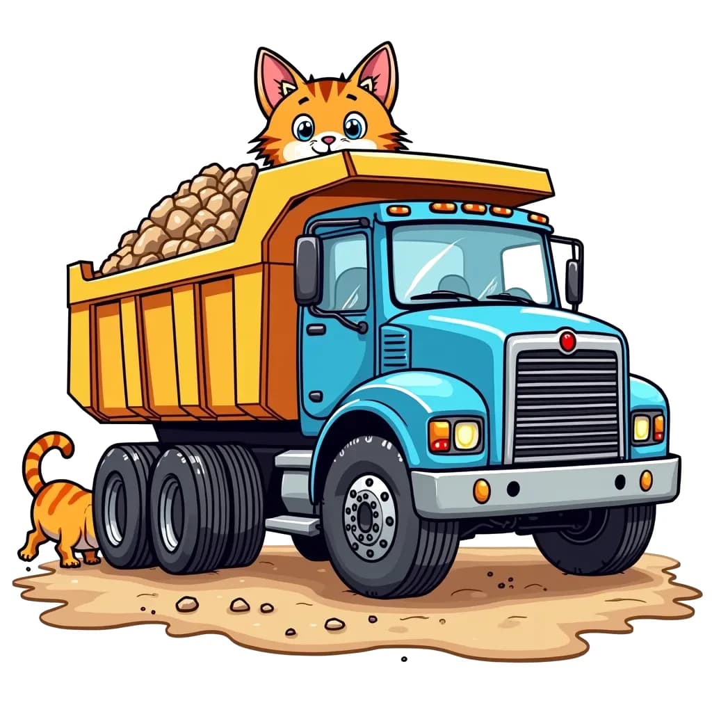 Coloring Page (colored): Dump Truck Delivery - Draw a blue dump truck with its bed raised, unloading gravel onto a construction site. A friendly cat is curiously peeking out from behind the truck, watching the action unfold.