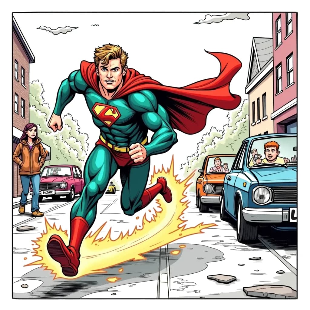 Coloring Page (colored): The Flash's Speed - A superhero with a lightning bolt emblem dashes past a bewildered onlooker, leaving a trail of energy in his wake. In the background, cars are stopped, and pedestrians look on, amazed.