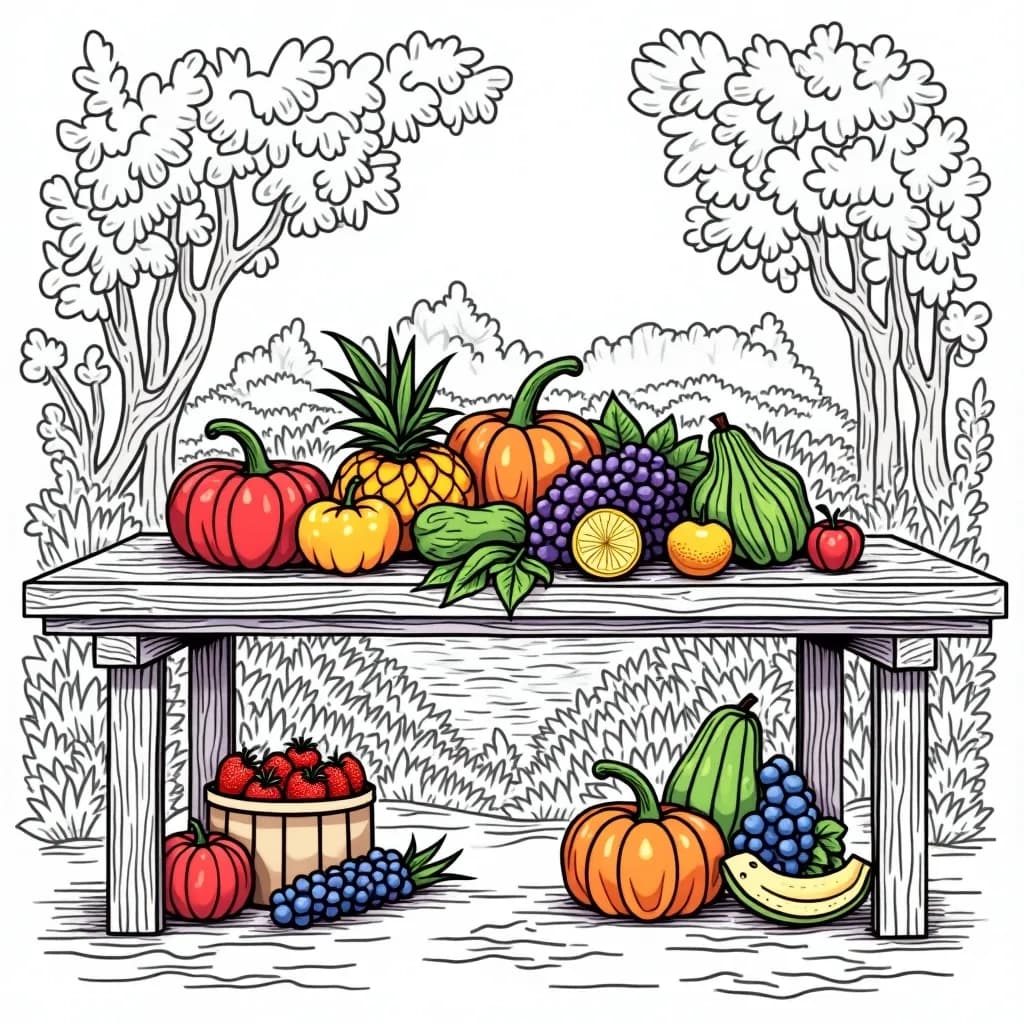 Coloring Page (colored): Rustic Harvest Table - A long wooden table set with seasonal fruits and veggies, draped in colorful autumn leaves, surrounded by a tranquil garden.