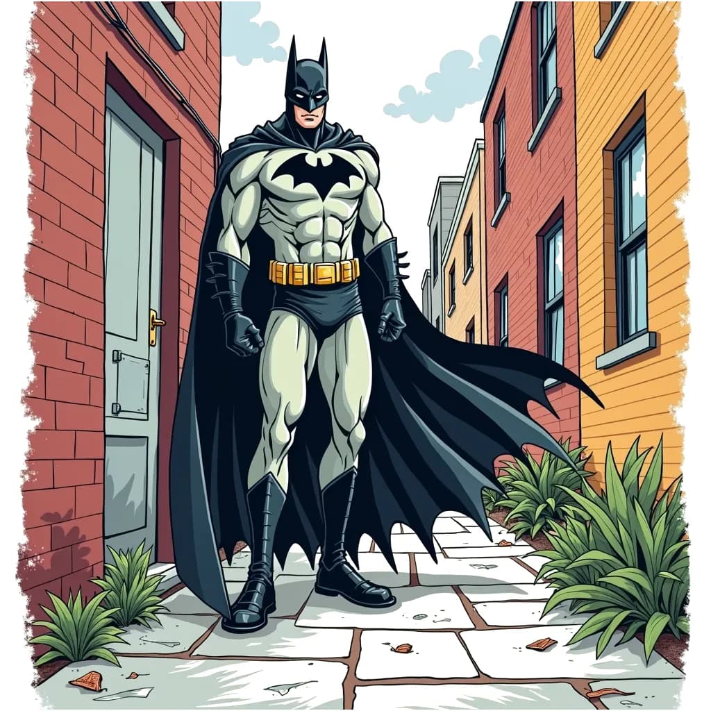 Coloring Page (colored): The Mysterious Vigilante - A shadowy superhero standing in an alley, with a long cape and a piercing gaze, protecting the city from lurking dangers.