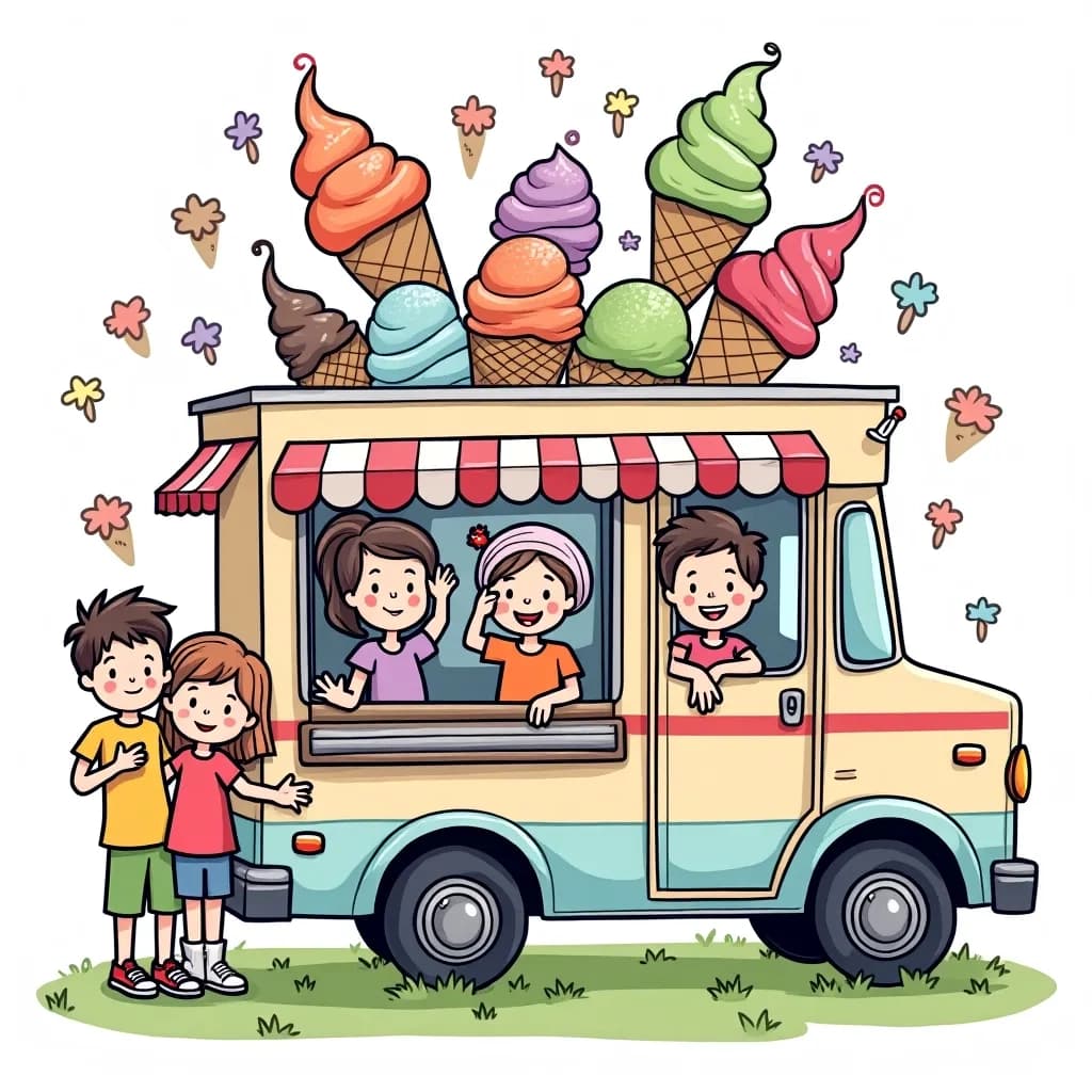 Coloring Page (colored): Ice Cream Truck Festival - A cheerful ice cream truck surrounded by children and colorful ice cream cones in a sunny park.