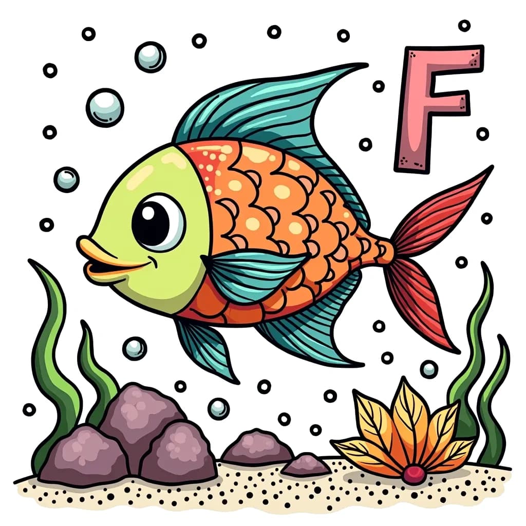 Coloring Page (colored): F is for Fish - A colorful fish swimming next to the letter F, with bubbles around it.