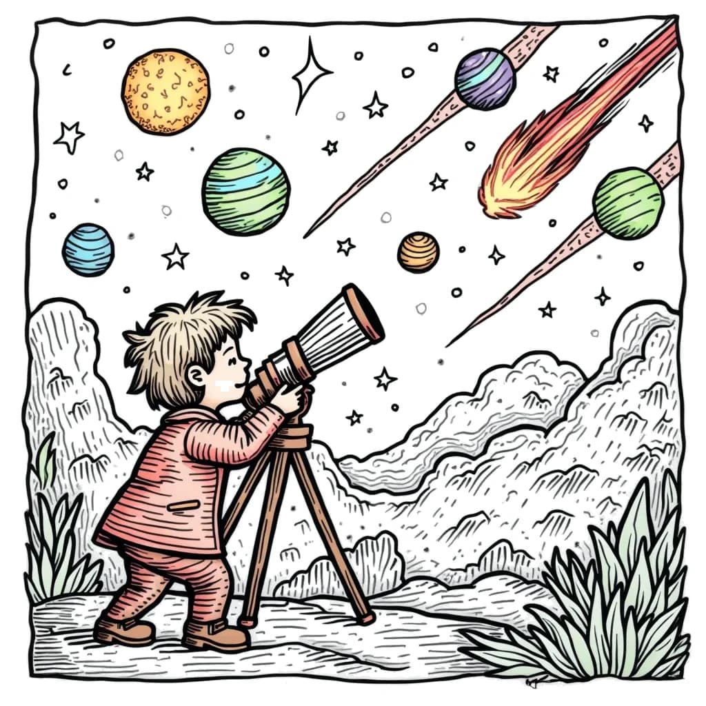 Coloring Page (colored): Astronomer's Night Sky - An astronomer is gazing through a telescope at the stars and planets in the night sky. Comets and constellations are visible in the background.