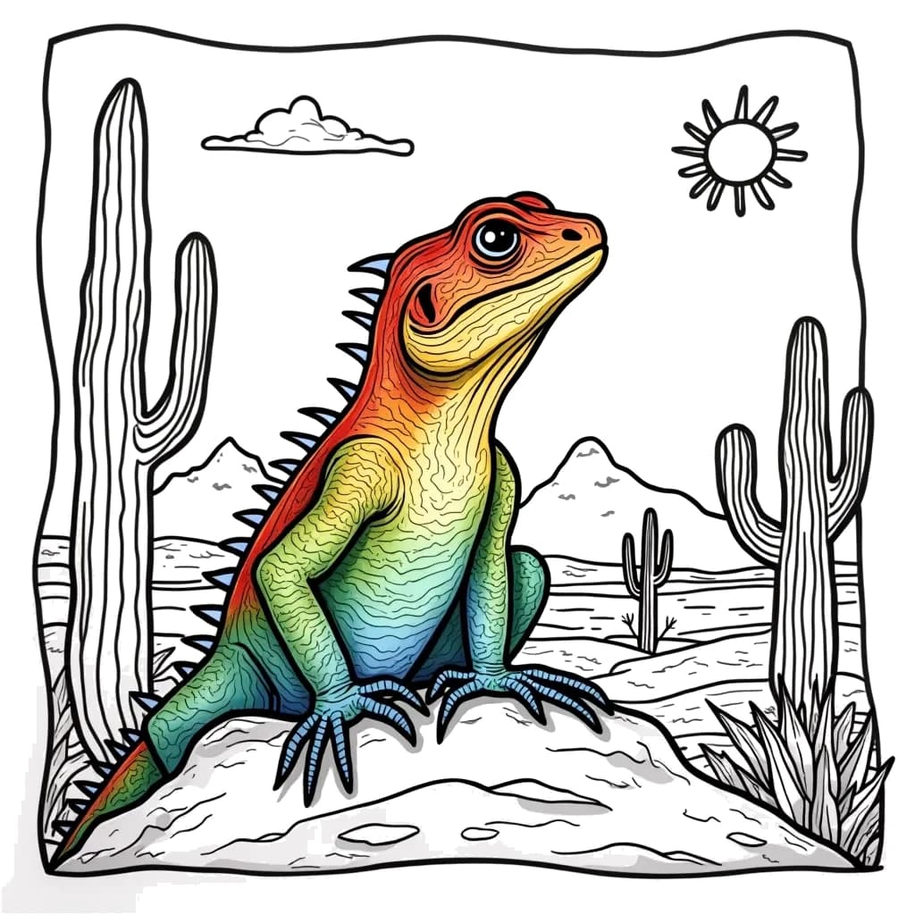 Coloring Page (colored): Lizard on a Rock - A curious lizard sitting on a warm rock, observing the surrounding desert landscape with cacti and a bright sun overhead.