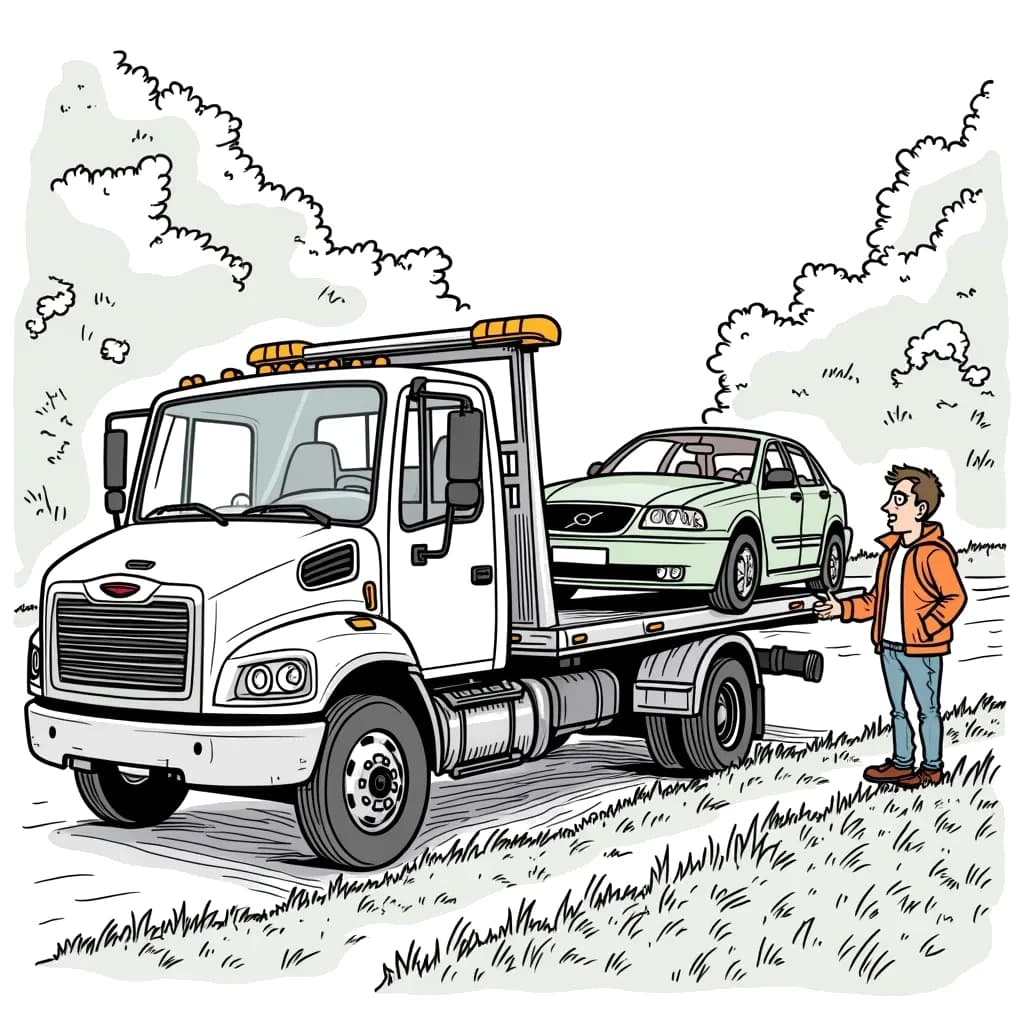 Coloring Page (colored): Tow Truck Rescue - A tow truck is lifting a broken-down car from the side of the road. The driver of the tow truck and a concerned motorist converse as the car gets safely hooked up.