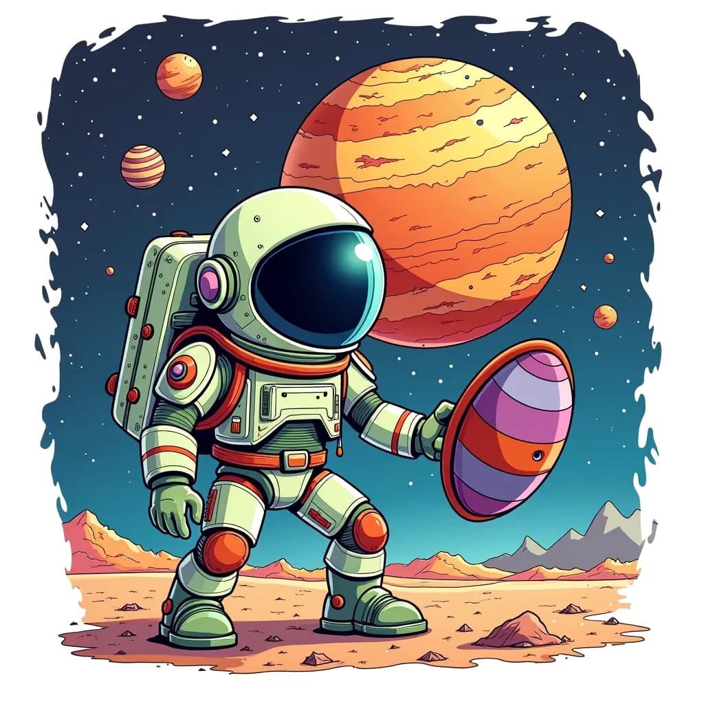 Coloring Page (colored): Galactic Guardian - A fierce-looking but friendly astronaut stands protectively in front of a small, colorful planet, ready to defend it from space debris while holding a futuristic shield. Stars twinkle in the deep space backdrop.