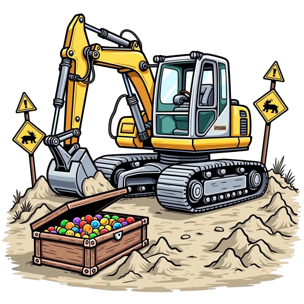 Coloring Page (colored): Excavator Adventure - An excavator is digging up a treasure chest buried in the ground, surrounded by mounds of dirt and construction signs.