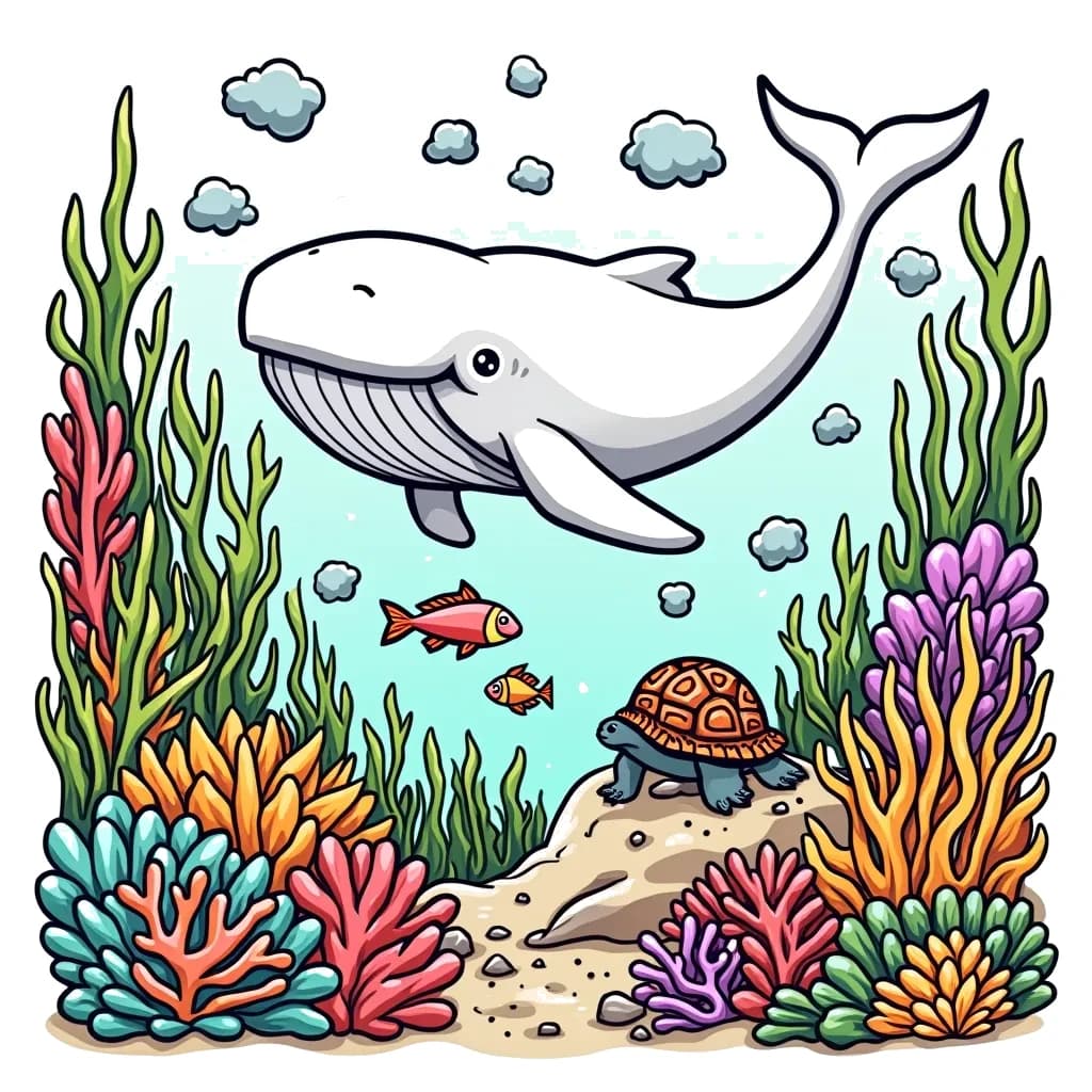 Coloring Page (colored): Underwater Adventure - A friendly whale swims through a colorful coral reef, surrounded by schools of vibrant fish while a curious turtle peeks from behind a rock.