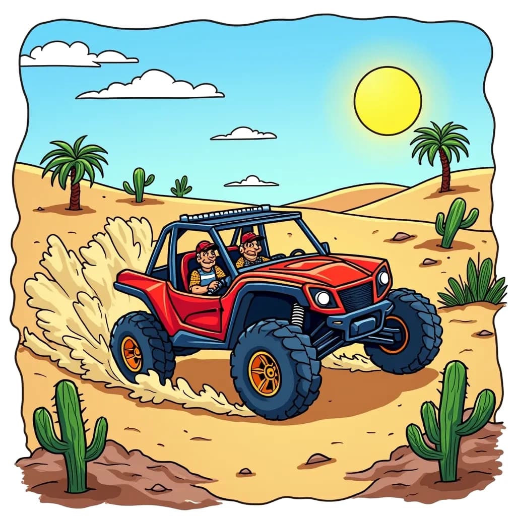 Coloring Page (colored): Desert Buggy Adventure - A desert buggy racing across the sand dunes, kicking up clouds of dust. Cacti are scattered throughout the scene, and a bright sun shines in the clear blue sky. A few palm trees are in the background, providing a hint of oasis.