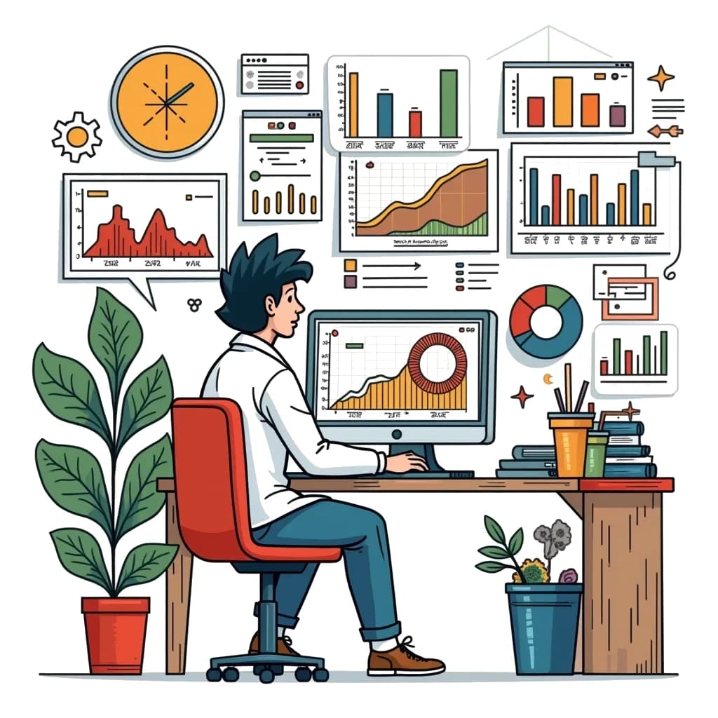 Coloring Page (colored): Data Scientist Experimenting - A data scientist works at a computer surrounded by charts and graphs, analyzing data displayed on multiple screens in an office.