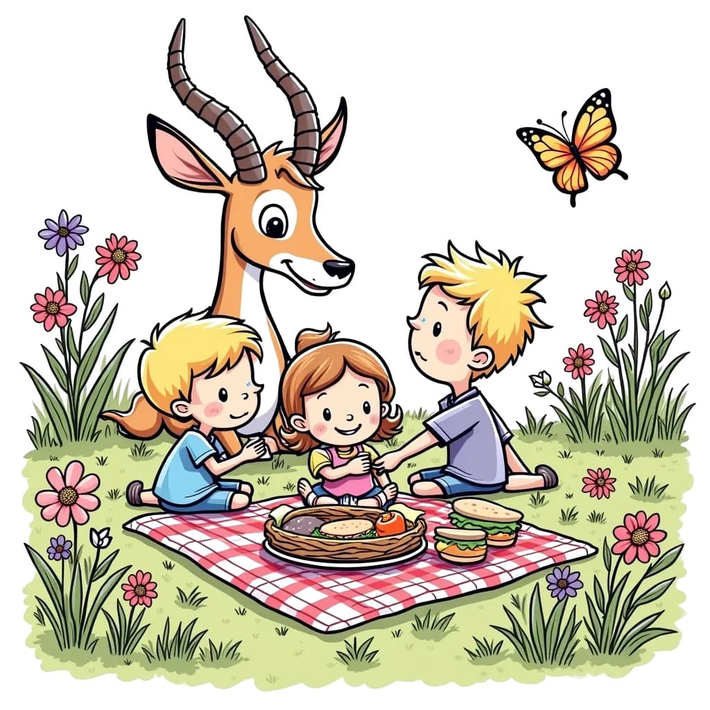 Coloring Page (colored): Antelope at a Picnic - A playful antelope joins children for a picnic in a meadow filled with wildflowers. They're sharing sandwiches and fruit, while butterflies flutter around them.