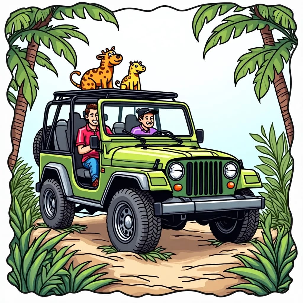 Coloring Page (colored): Jungle Journey - An adventurous jeep driving through a lush jungle filled with exotic flowers, parrots, and vibrant wildlife.