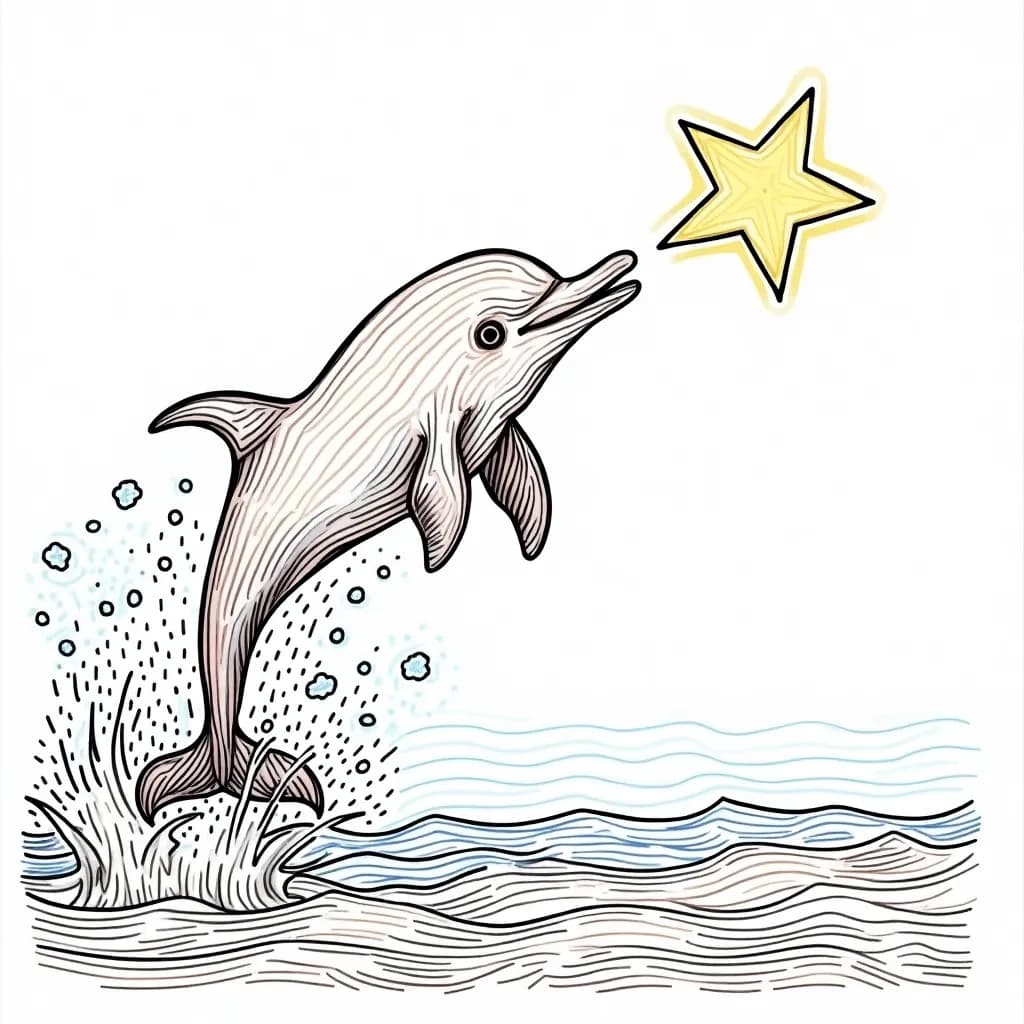 Coloring Page (colored): Dolphin Reaching for a Star - A whimsical dolphin leaping into the air trying to touch a bright star that has fallen into the ocean, with twinkling lights reflecting on the water.