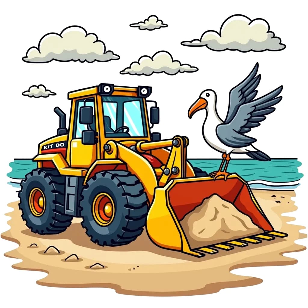 Coloring Page (colored): Loader and Friends - A front-end loader is busy moving sand at a beach construction site, while a seagull is perched on its scoop, apparently supervising the work.