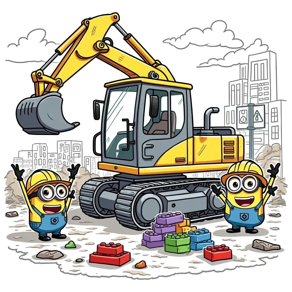 Coloring Page (colored): Digger Truck Construction Party - A happy digger truck is at a construction site, surrounded by playful Minions wearing hard hats, cheering as the digger truck lifts and places colorful bricks. The site is buzzing with energy, and there are fun construction signs all around.