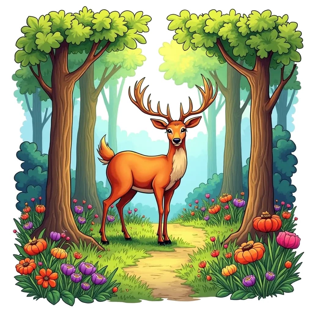 Coloring Page (colored): Deer in a Forest Clearing - A serene deer stands gracefully in a lush forest clearing, surrounded by tall trees and colorful wildflowers. The sunlight filters through the leaves, creating beautiful patterns on the ground.