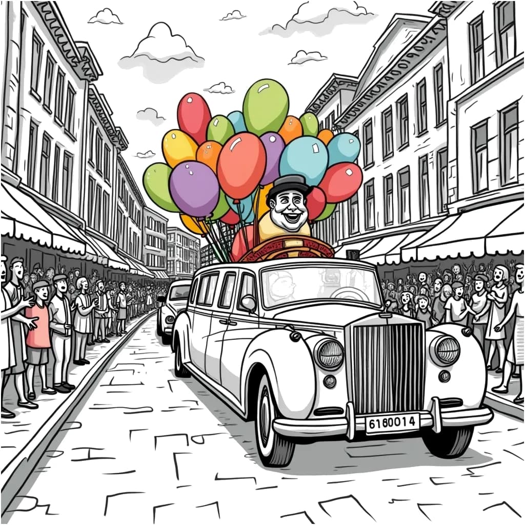 Coloring Page (colored): Limousine Parade - An exciting parade scene featuring a shiny limousine decorated with balloons and streamers, driving down a city street filled with cheering crowds and colorful banners.