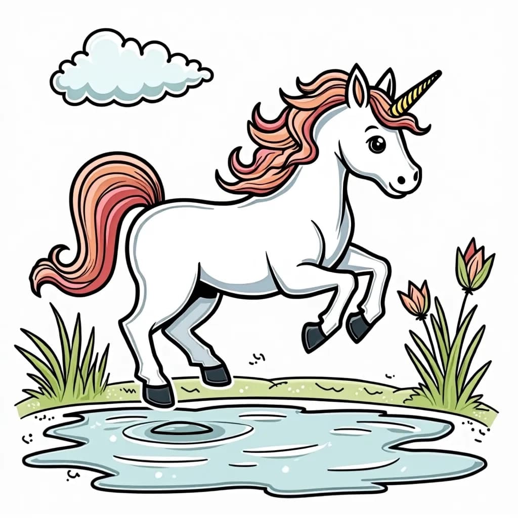 Coloring Page (colored): Unicorn in Puddle Jumping Fun - A unicorn joyfully jumping into puddles on a rainy day, with splashes of water and bright raindrops all around.