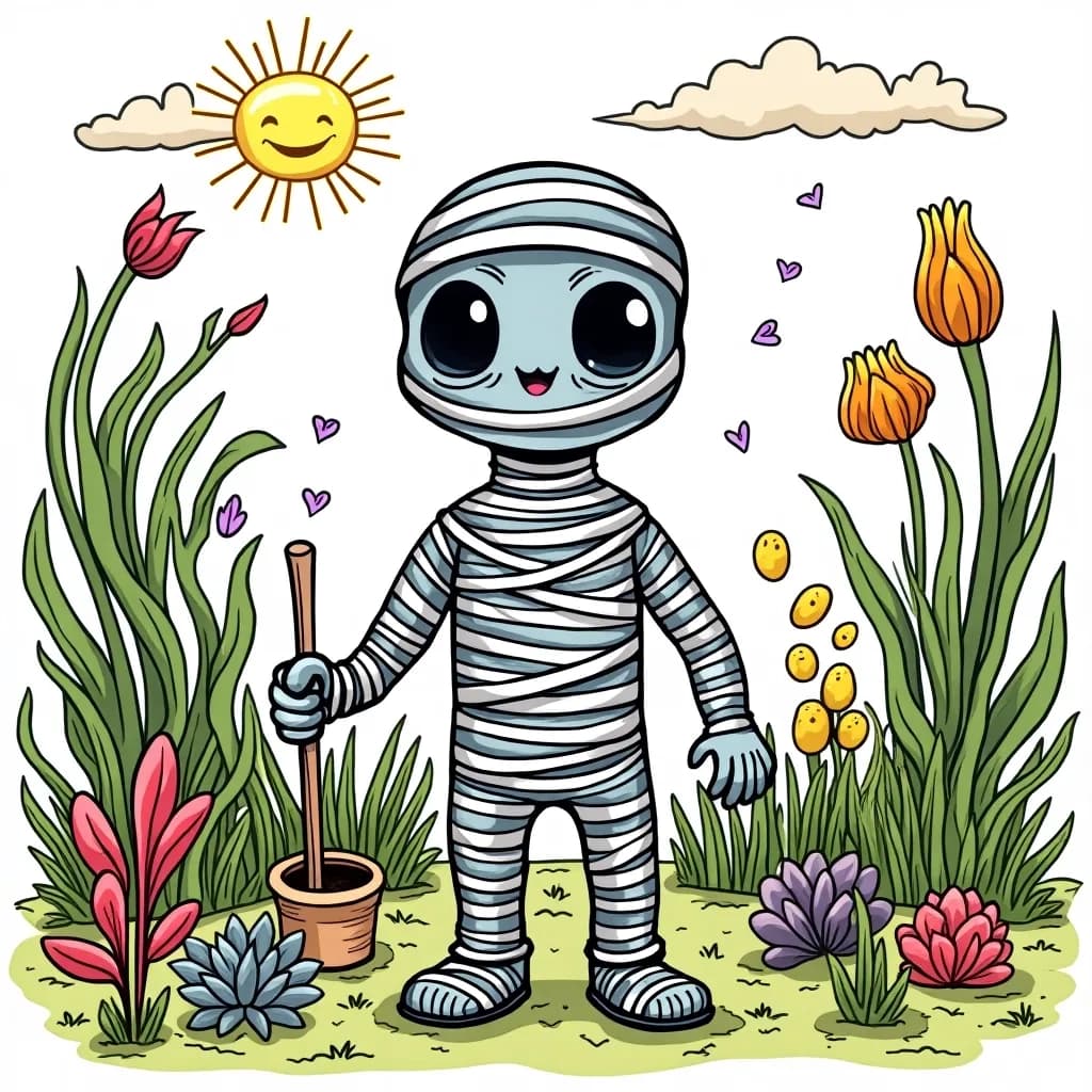 Coloring Page (colored): Mummy's Garden - A friendly mummy tending to a garden filled with glowing plants and flowers with faces. The colors are vivid, with greens, pinks, and yellows shining in a moonlit atmosphere, while butterflies flutter about.