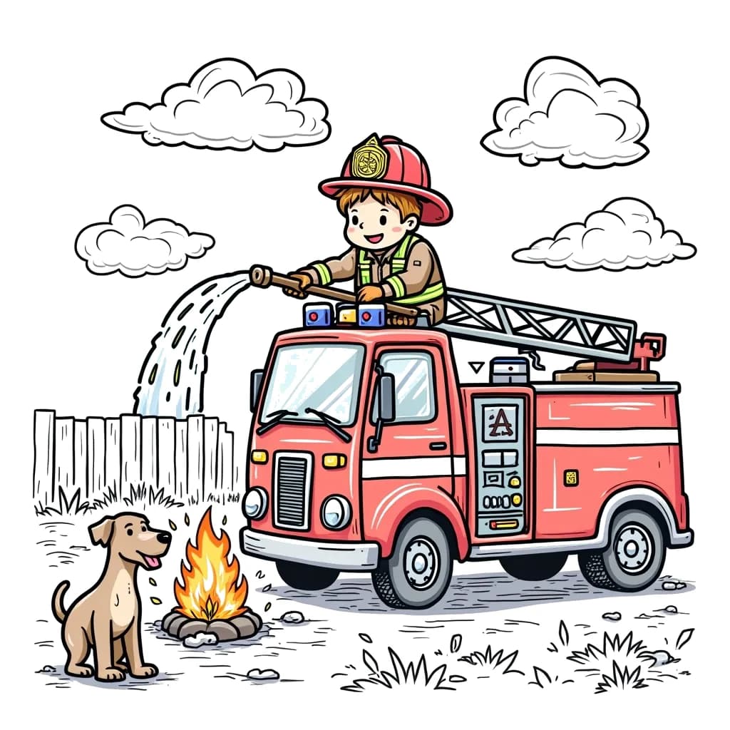 Coloring Page (colored): Fire Truck Rescue - A brave firefighter spraying water on a small fire while standing on a bright red fire truck. The scene shows a happy dog watching from a safe distance, wagging its tail.