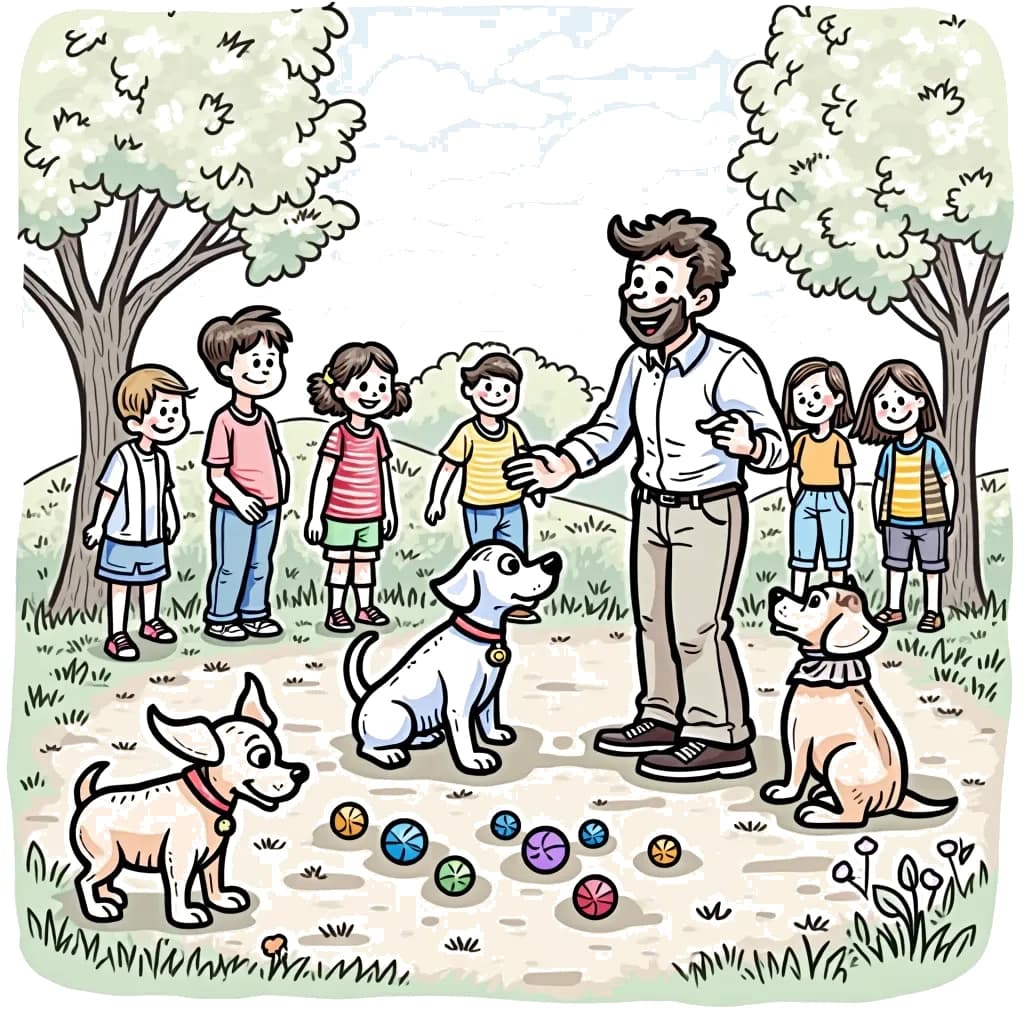 Coloring Page (colored): Dog Trainer at the Park - A dog trainer is teaching a group of excited puppies different tricks at a sunny park. Some puppies are sitting and rolling over, while others are fetching colorful balls. Children watch, laughing and cheering on their furry friends.